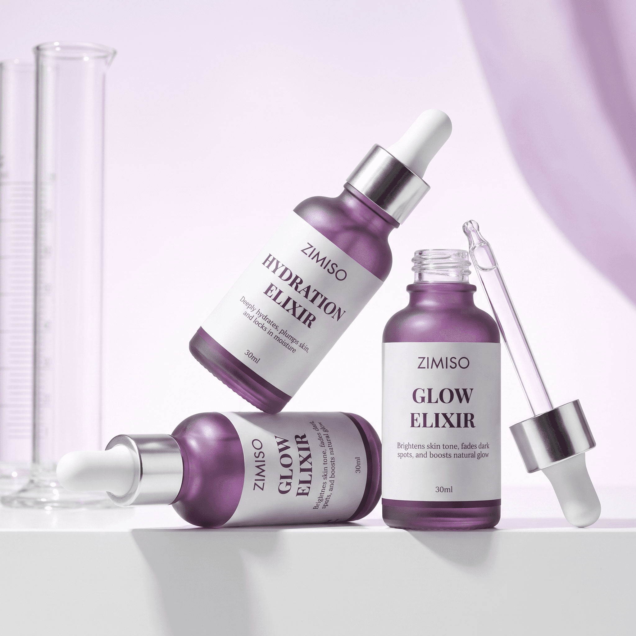 ZIMISO elixirs on a white ledge beside laboratory glassware, one dropper lifted out