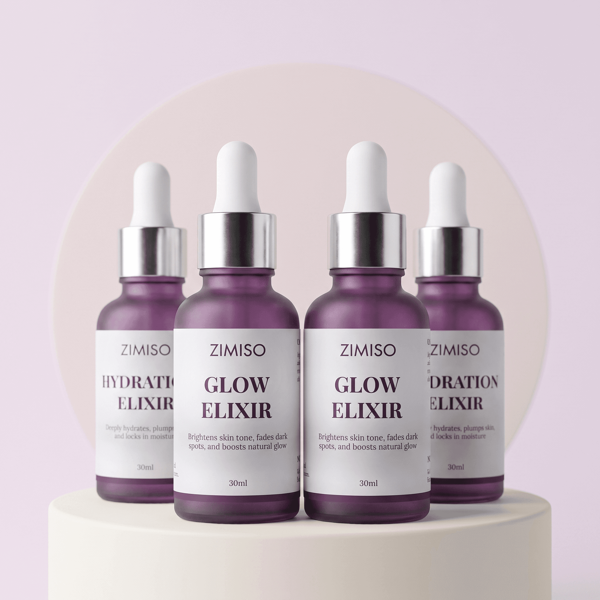Four ZIMISO elixir bottles grouped on a cream pedestal