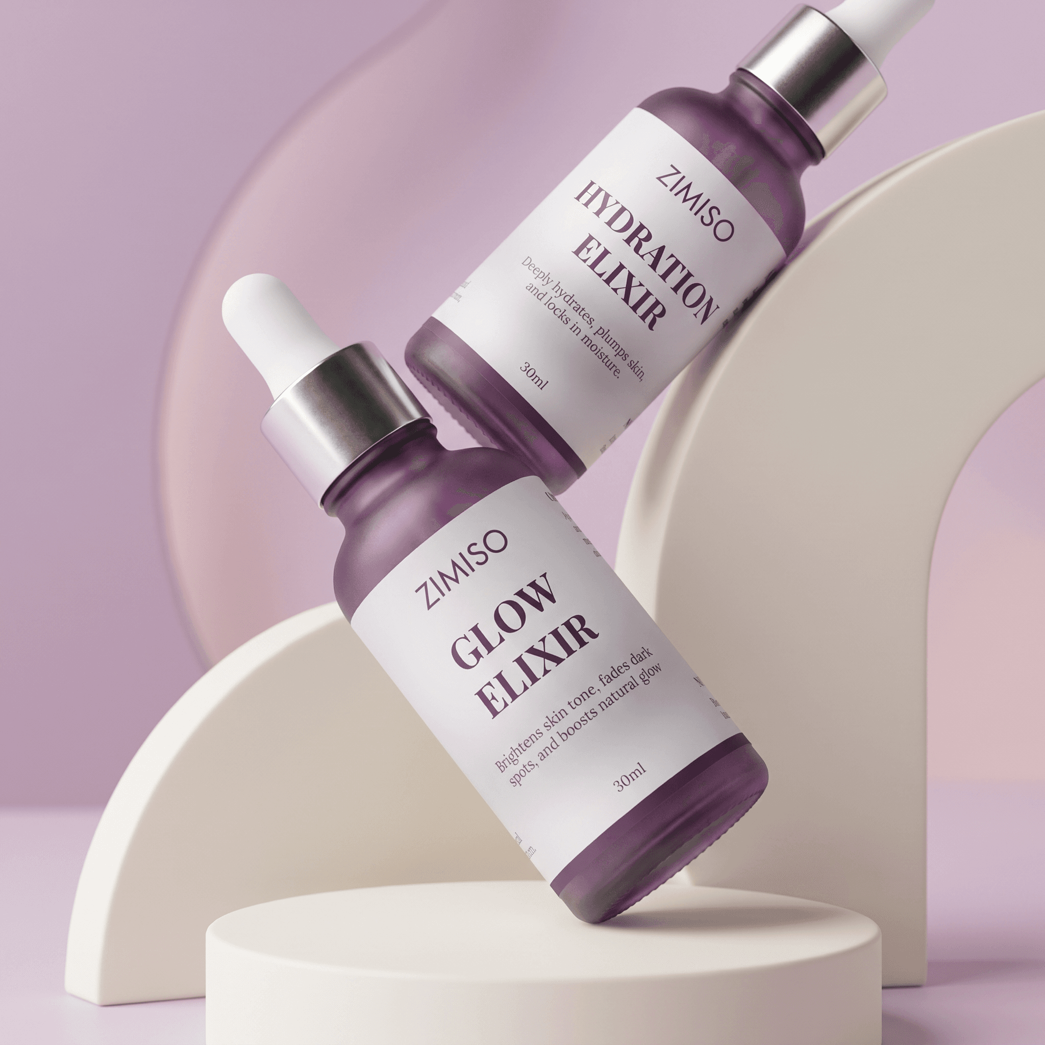 Both ZIMISO elixirs tilted against cream podiums on a lilac background