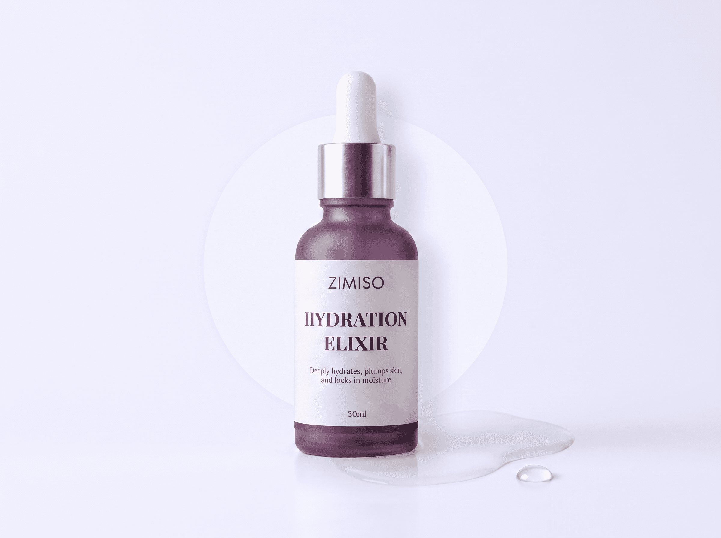 ZIMISO Hydration Elixir centered against a soft halo on a pale lilac backdrop