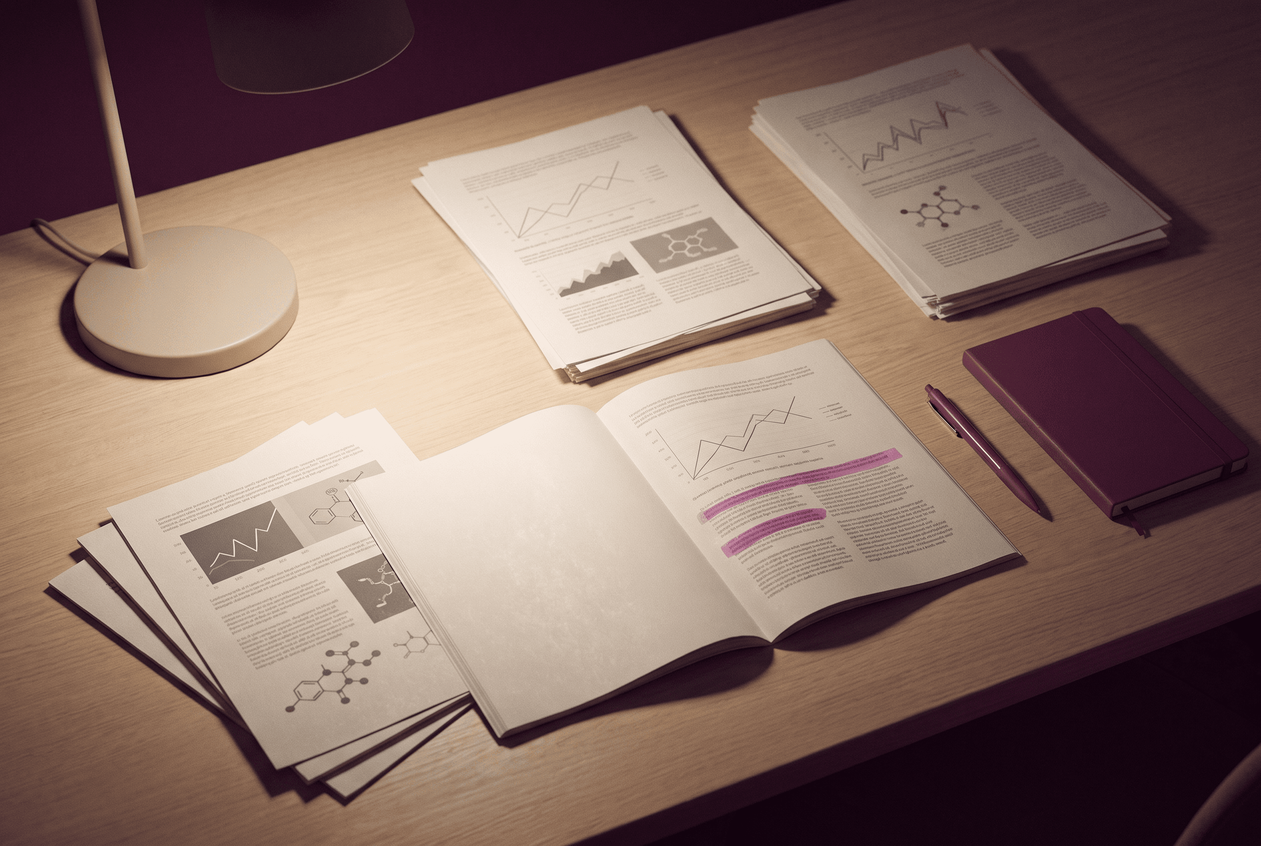 A desk at night covered with printed clinical research papers, a highlighter and handwritten notes